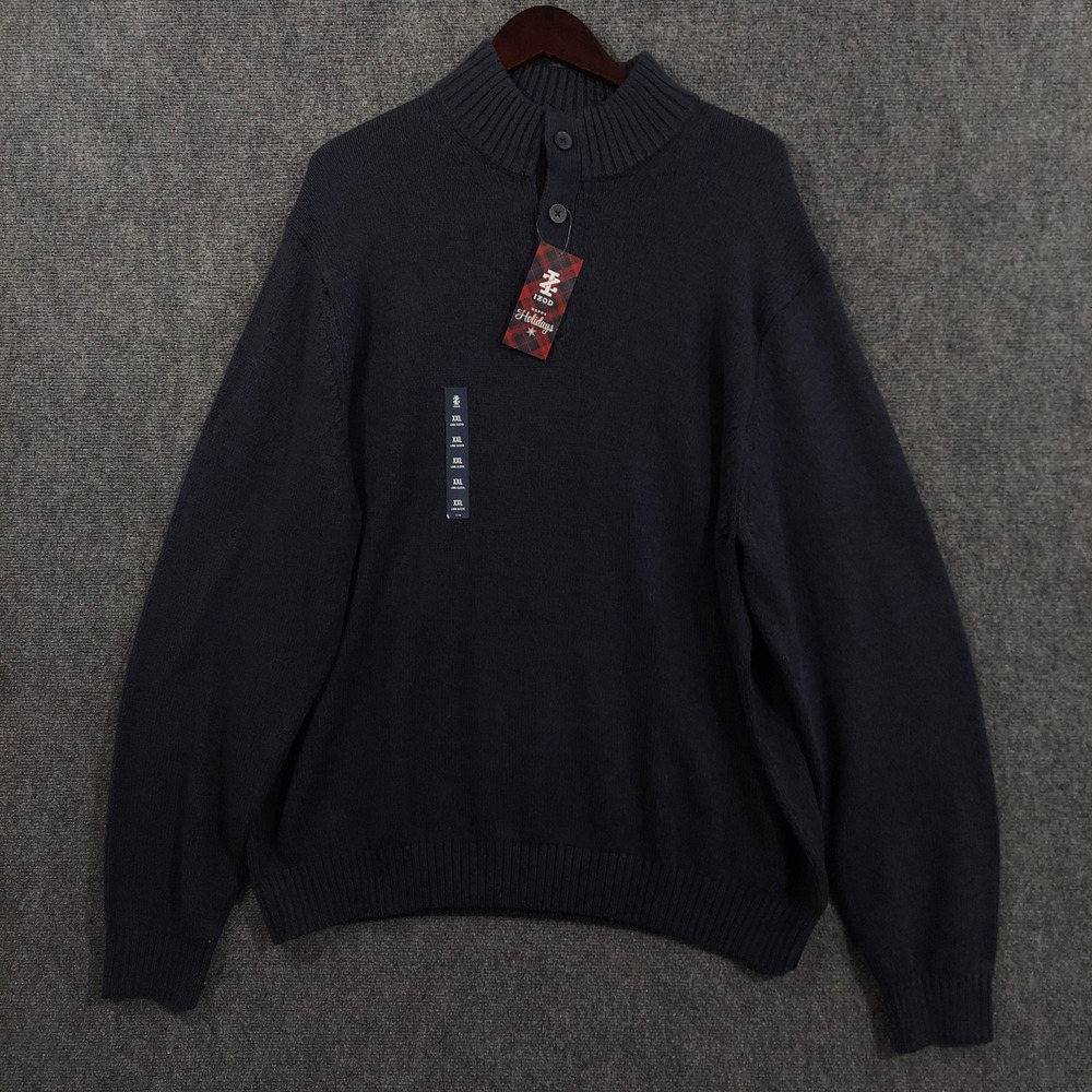 IZOD Sweater Mens 2XL Navy Blue Cotton Acrylic Mock Neck Henley Pullover NWT